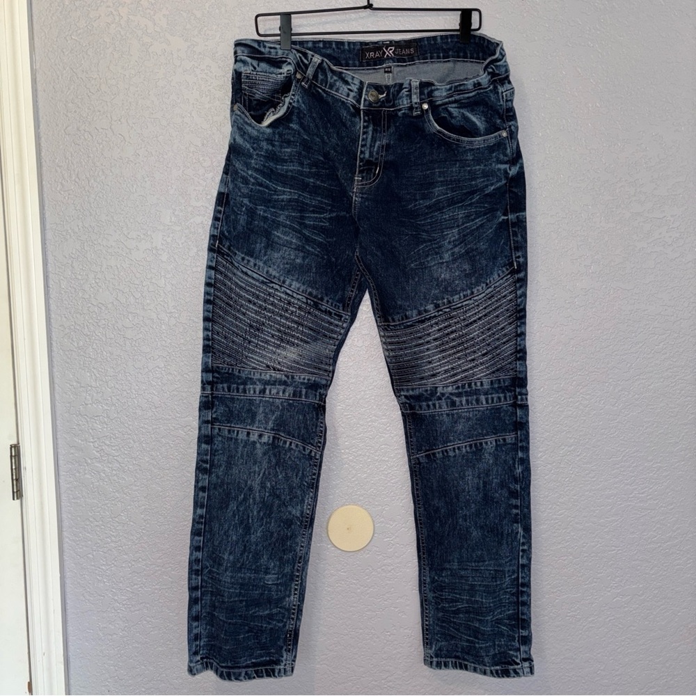 XRAY Mens Distressed Dark Wash Blue Jeans 36/32 2% Spandex Zip Fly 10” Rise